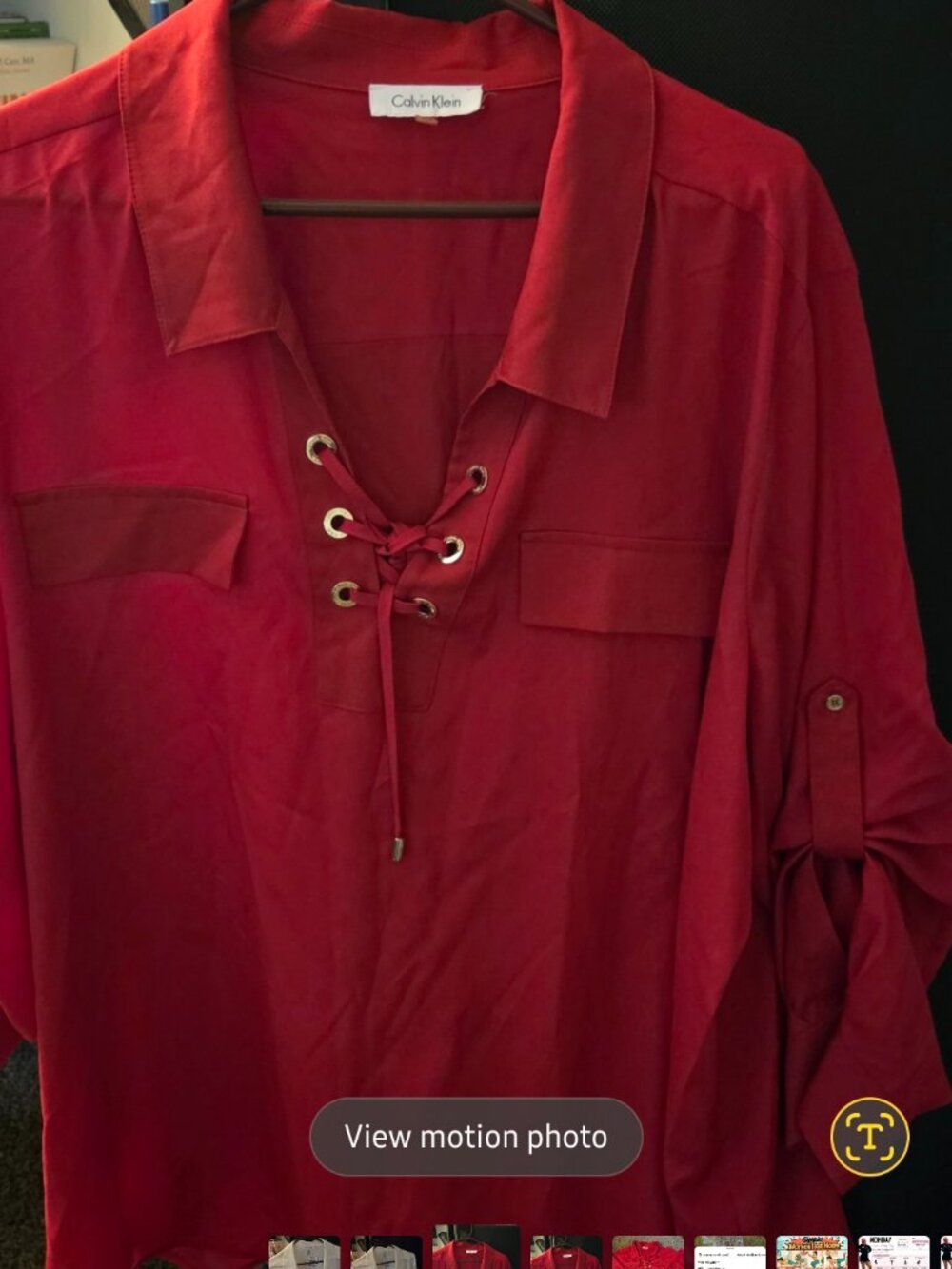 Calvin Klein Red Tie Neck Blouse 3X Gold Eyelets Career Top